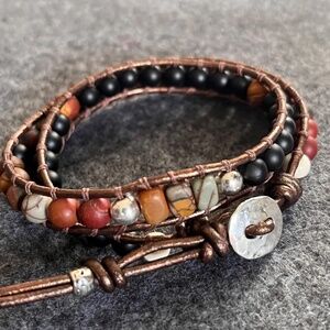 Double Wrap Leather Bracelet - Red Creek Jasper, Black Onyx, Sterling Silver